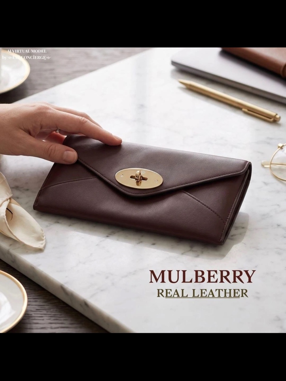 Mulberry Brown Leather Envelope Wallet with Gold Turn-Lock